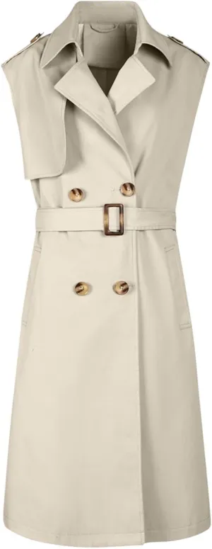 HGps8w Women's Chic Sleeveless Long Trench Coats Classic Lapel Double Breasted Mid-Length Belted Overcoat Dress Jacket