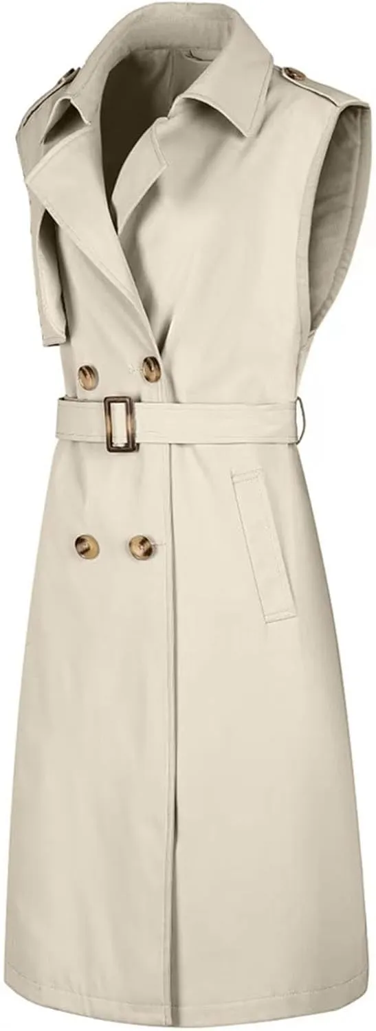 HGps8w Women's Chic Sleeveless Long Trench Coats Classic Lapel Double Breasted Mid-Length Belted Overcoat Dress Jacket