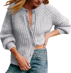 HGps8w Women's Chunky Knit Sweater Cardigans - Elegant Lantern Long Sleeve Loose Button Down Outerwear Coats