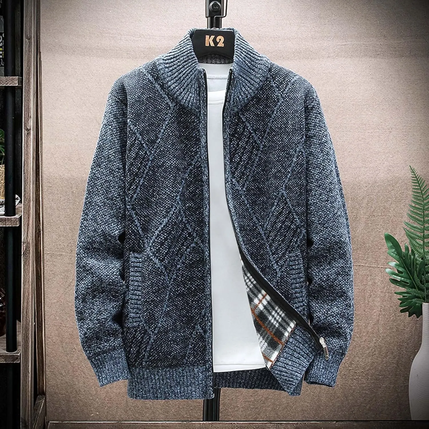 hlysgo Men's Cardigan Sweaters Casual Slim Fit Full Zip Sweaters Cable Knitted Jacket Outwear with Soft Flannel Lining