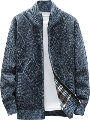 hlysgo Men's Cardigan Sweaters Casual Slim Fit Full Zip Sweaters Cable Knitted Jacket Outwear with Soft Flannel Lining