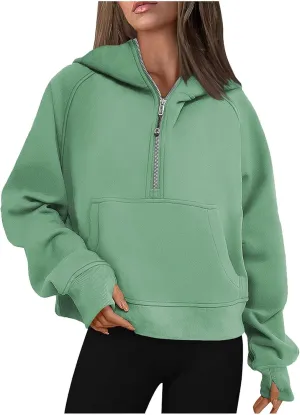 Hoodies For Women Half Zip Cropped Pullover Tops With Thumb Hole Fleece Quarter Zipper Hoodie 2024 Fall Y2k Outfits