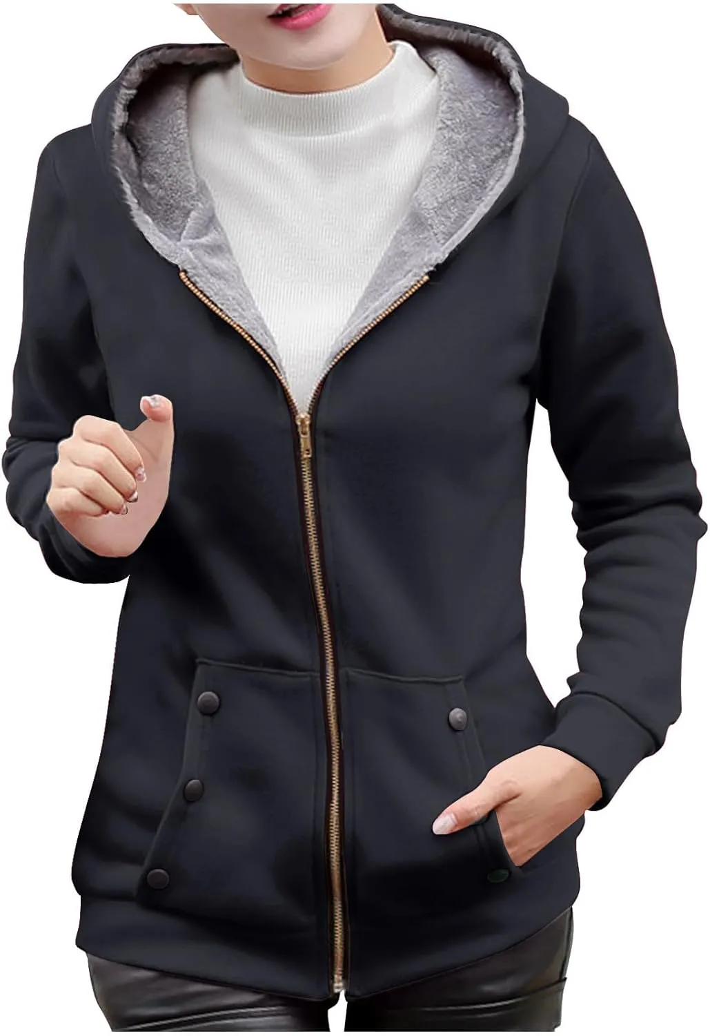 Hoodies for Women Winter Warm Fleece Sweatshirt Full Zip Up Thick Sherpa Lined Hooded Jackets Slim Fit Solid Jacket