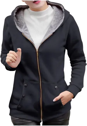 Hoodies for Women Winter Warm Fleece Sweatshirt Full Zip Up Thick Sherpa Lined Hooded Jackets Slim Fit Solid Jacket