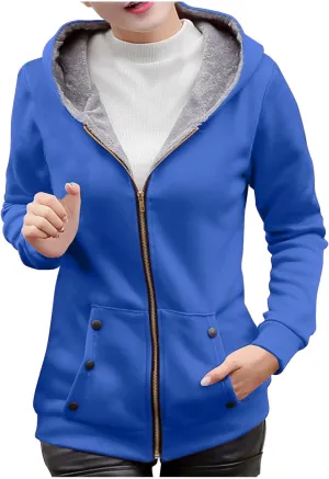 Hoodies for Women Winter Warm Fleece Sweatshirt Full Zip Up Thick Sherpa Lined Hooded Jackets Slim Fit Solid Jacket