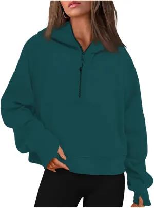 Hoodies Sweatshirts for Women Quarter Half Zip Cropped Fleece Pullover Casual Loose Long Sleeve Tops