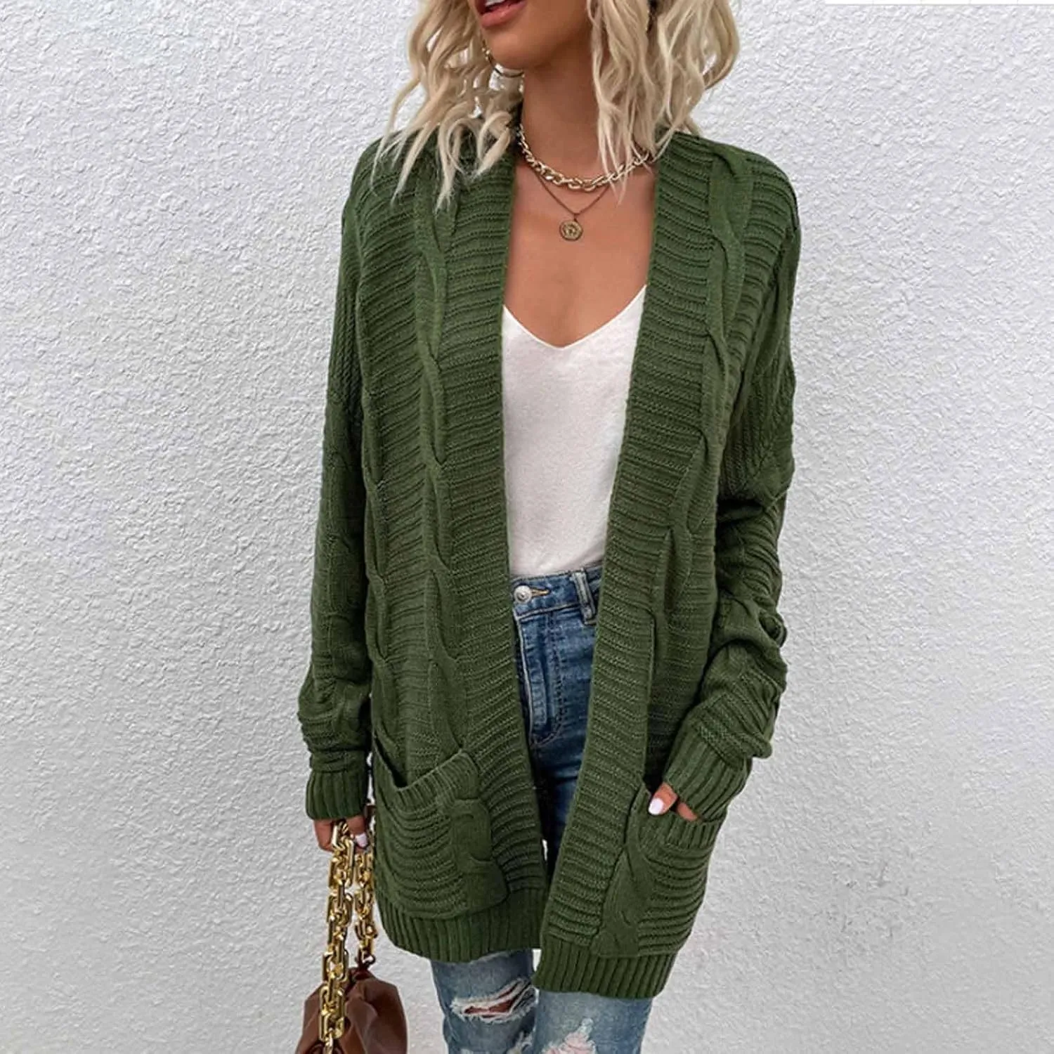 HXHYQKP Chunky Knit Cardigans for Women Cable Knit Long Sleeve Open Front Cardigan Cardigan Sweaters Cover Up