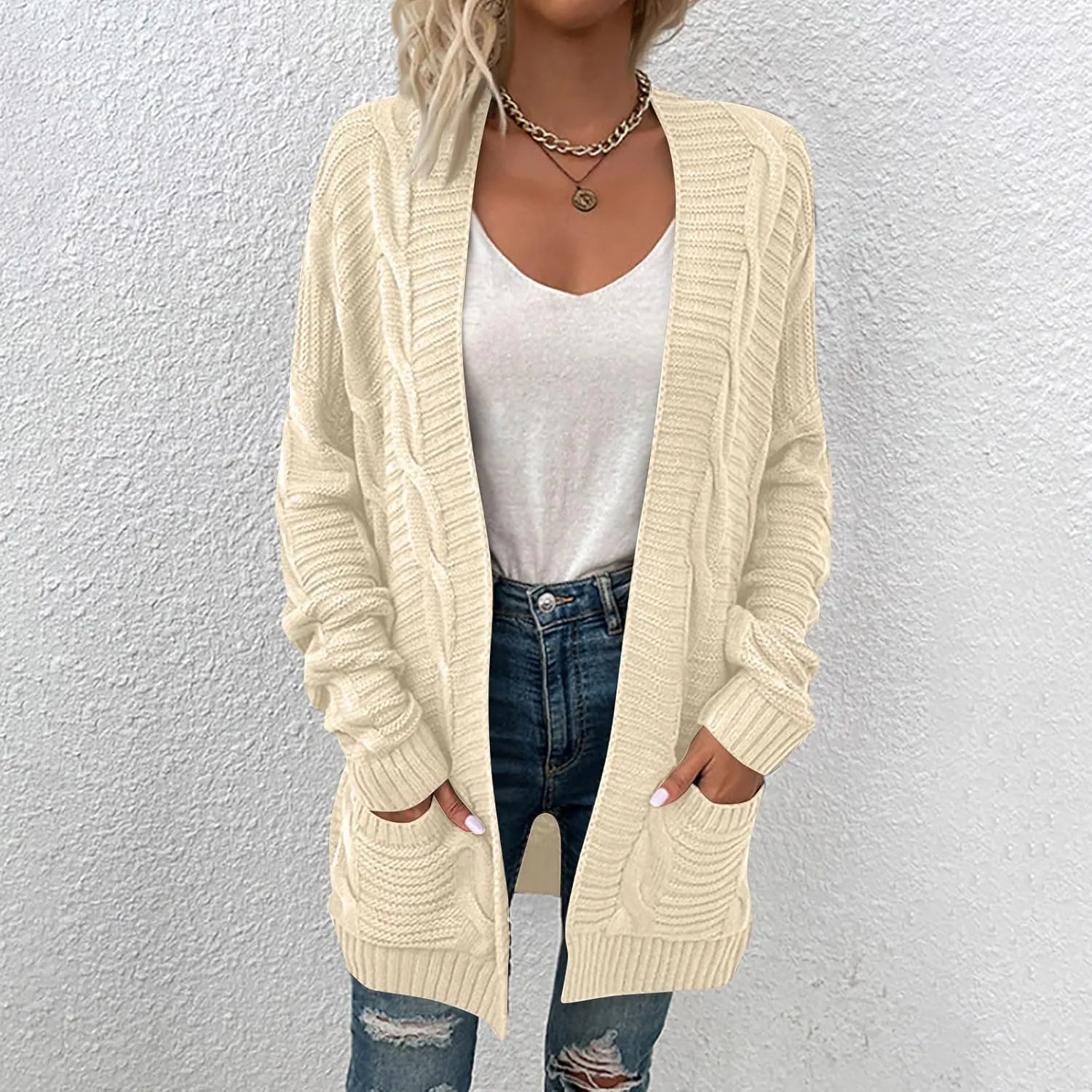 HXHYQKP Chunky Knit Cardigans for Women Cable Knit Long Sleeve Open Front Cardigan Cardigan Sweaters Cover Up