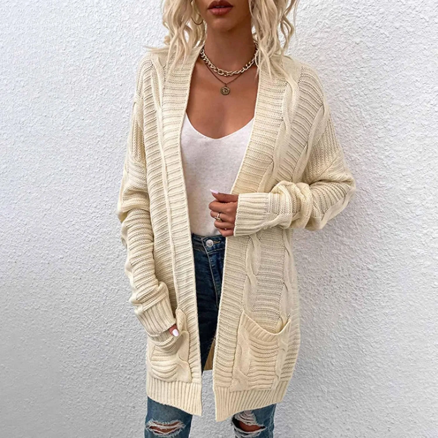HXHYQKP Chunky Knit Cardigans for Women Cable Knit Long Sleeve Open Front Cardigan Cardigan Sweaters Cover Up