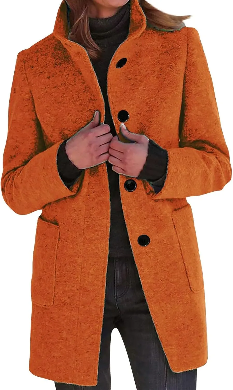 HXHYQKP Pea Coats for Women Long Winter Stand Collar Single Breasted Wool Coats Wool Blend Peacoat Thicken Jacket
