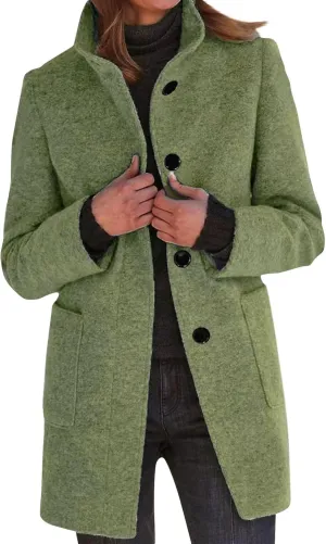 HXHYQKP Pea Coats for Women Long Winter Stand Collar Single Breasted Wool Coats Wool Blend Peacoat Thicken Jacket