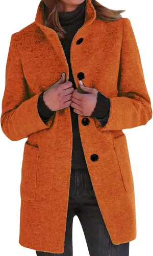 HXHYQKP Pea Coats for Women Long Winter Stand Collar Single Breasted Wool Coats Wool Blend Peacoat Thicken Jacket