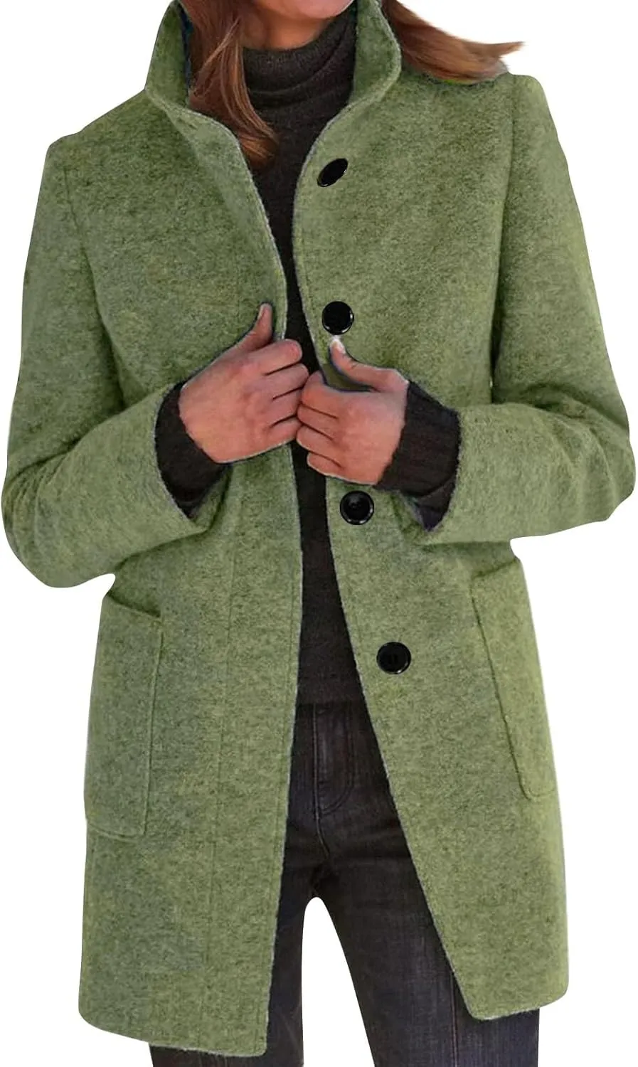 HXHYQKP Pea Coats for Women Long Winter Stand Collar Single Breasted Wool Coats Wool Blend Peacoat Thicken Jacket