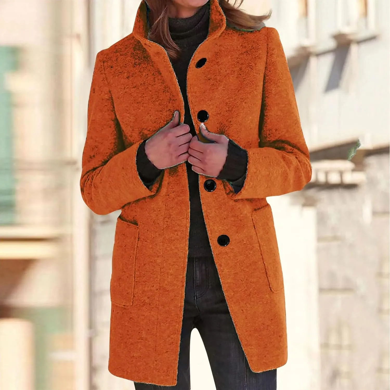 HXHYQKP Pea Coats for Women Long Winter Stand Collar Single Breasted Wool Coats Wool Blend Peacoat Thicken Jacket