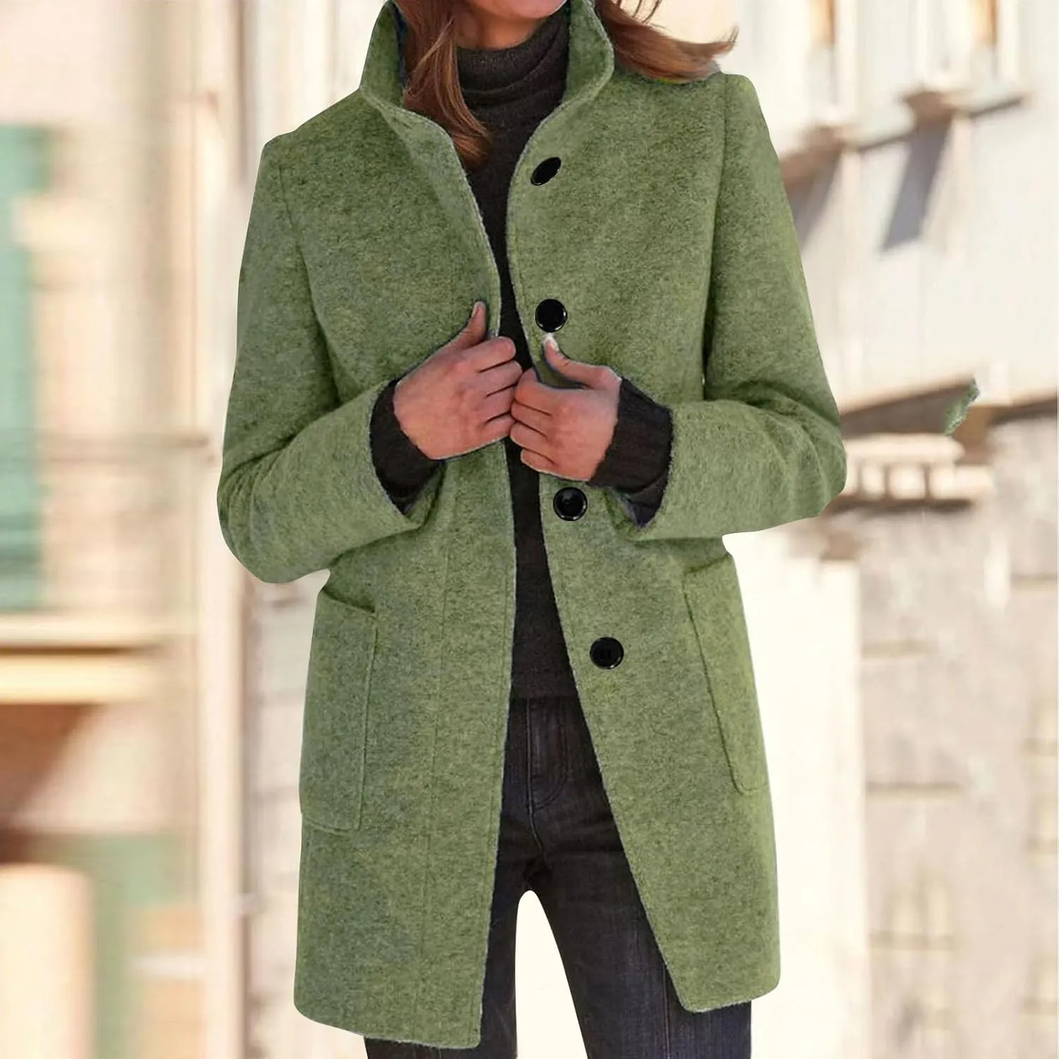 HXHYQKP Pea Coats for Women Long Winter Stand Collar Single Breasted Wool Coats Wool Blend Peacoat Thicken Jacket