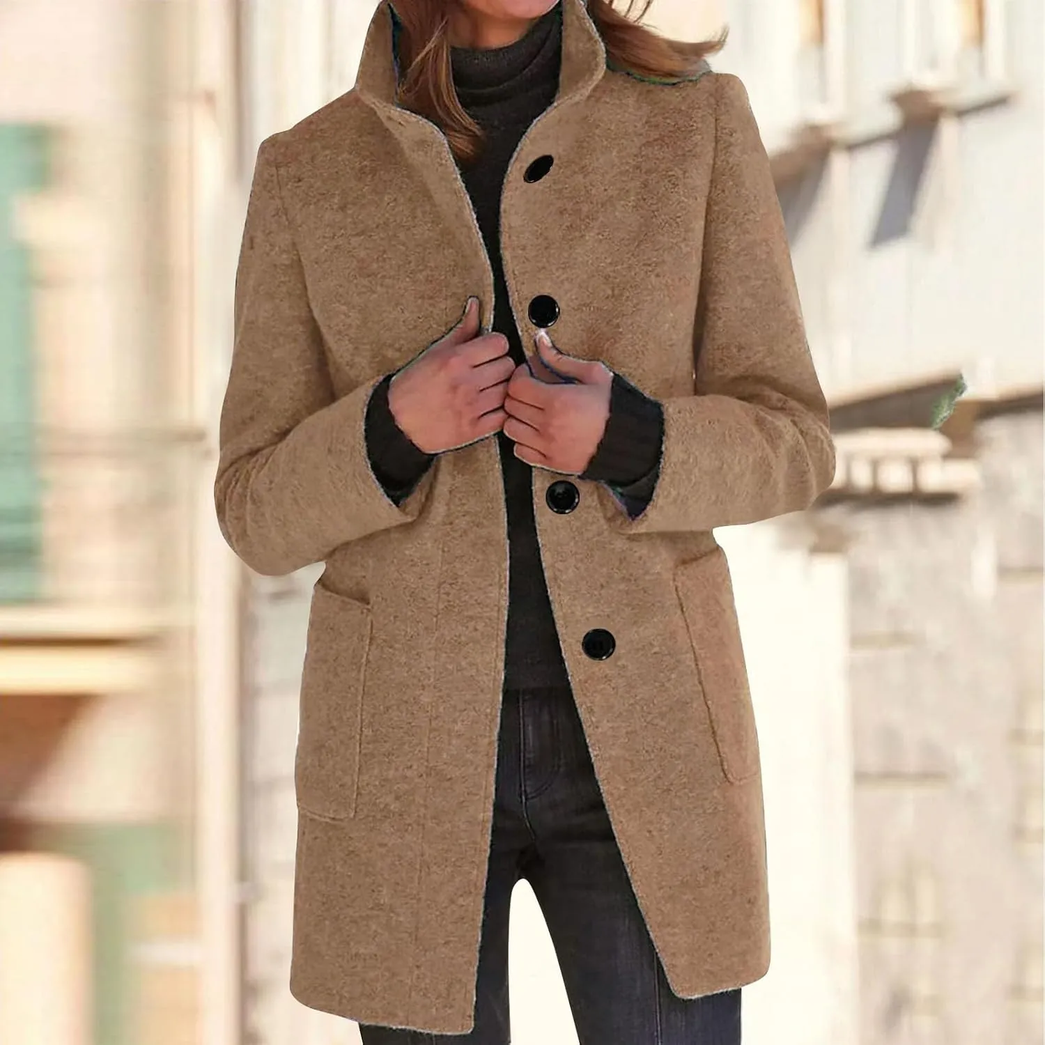 HXHYQKP Pea Coats for Women Long Winter Stand Collar Single Breasted Wool Coats Wool Blend Peacoat Thicken Jacket