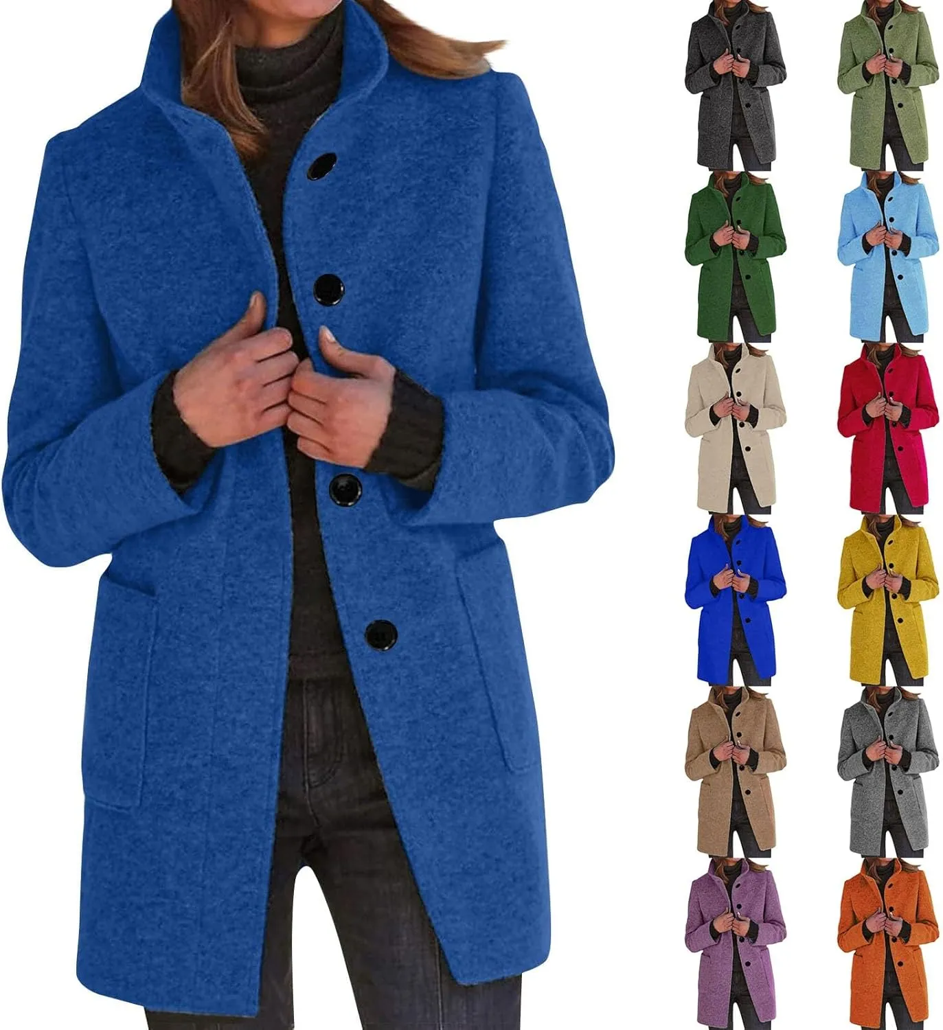 HXHYQKP Pea Coats for Women Long Winter Stand Collar Single Breasted Wool Coats Wool Blend Peacoat Thicken Jacket