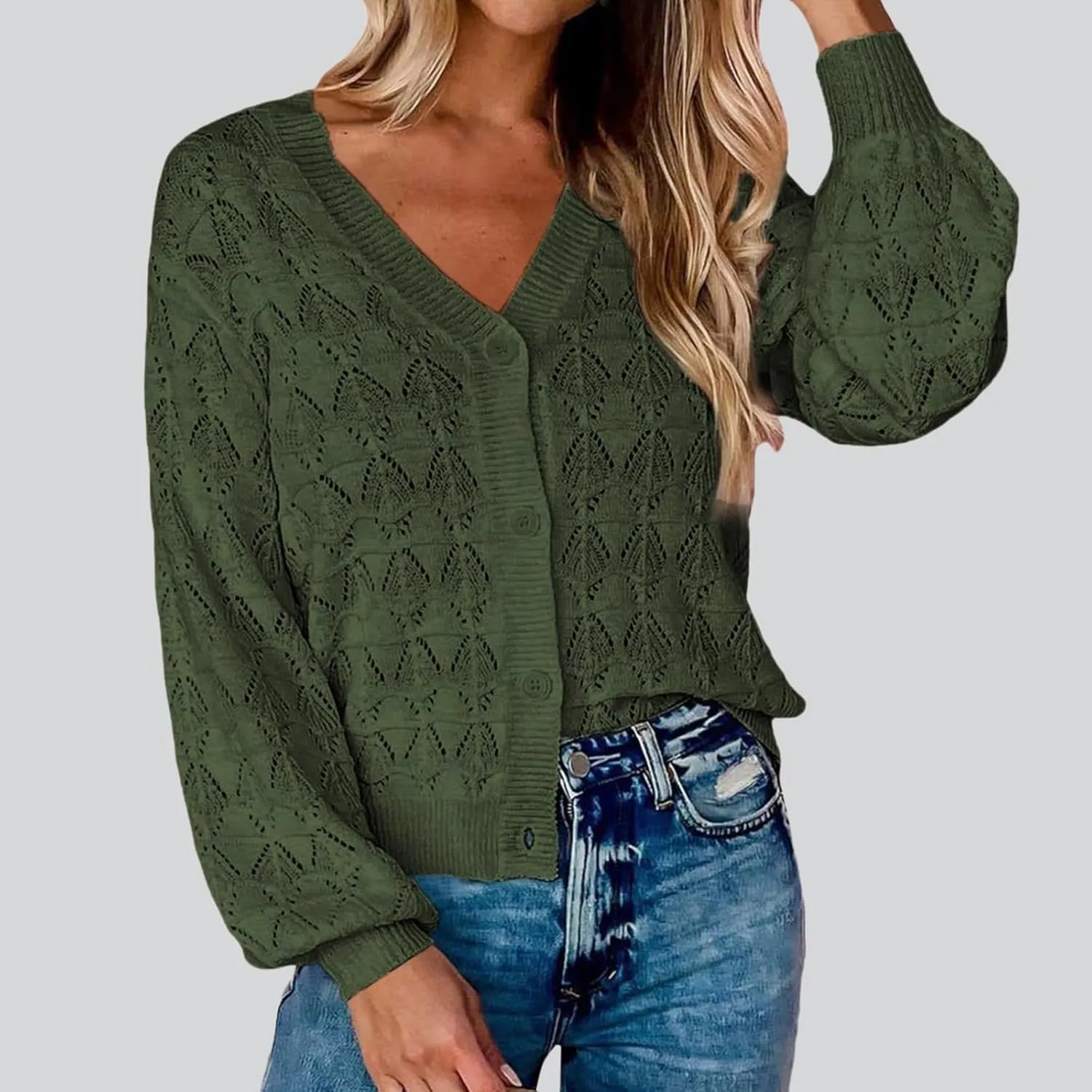 iLH Womens Cardigan 2024 Fall Lightweight Open Front Sweater V Neck Button Down Knit Outerwear Loose Crochet Jacket