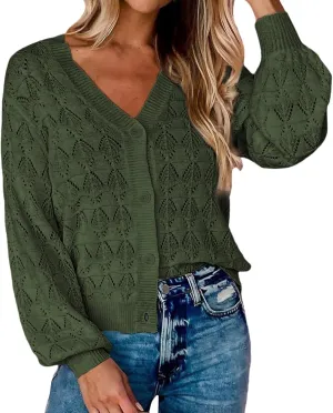iLH Womens Cardigan 2024 Fall Lightweight Open Front Sweater V Neck Button Down Knit Outerwear Loose Crochet Jacket