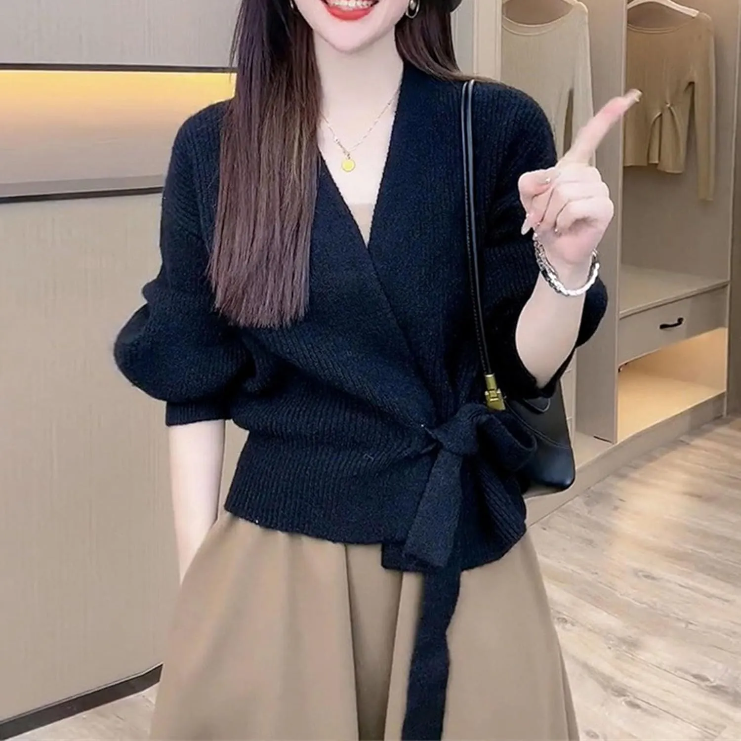 JEsilunmaMY Women's Tie Waist Wrap V Neck Sweaters Long Sleeve Cute Knitted Crop Tops Solid Fall Trendy Knitwear Cardigan