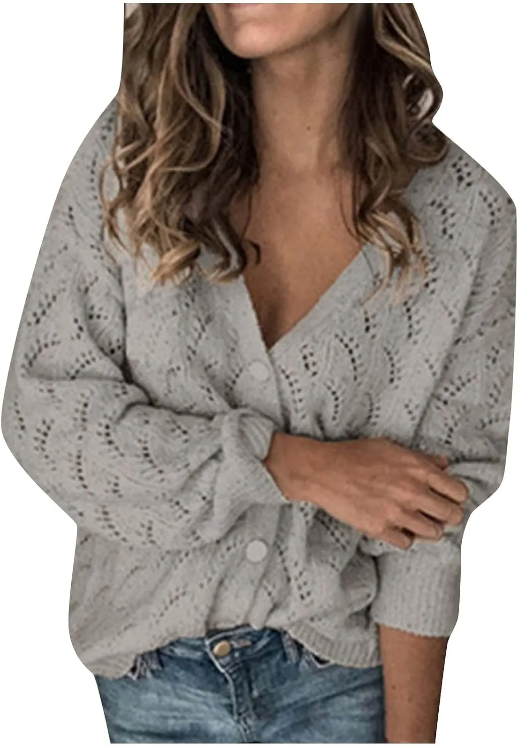 JOAU Womens Open Front Long Sleeve Chunky Knit Cardigan V Neck Button Down Sweaters Loose Fit Hollow Out Outwear Coat Top