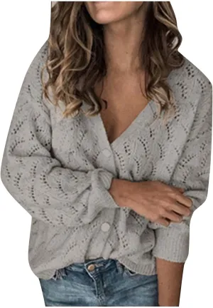 JOAU Womens Open Front Long Sleeve Chunky Knit Cardigan V Neck Button Down Sweaters Loose Fit Hollow Out Outwear Coat Top