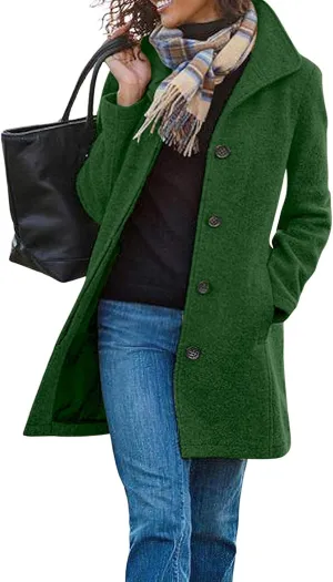 Kubbon Women's Winter Wool Blend Pea Coat Casual Single Breasted Stand Collar Trench Coat Thicken Warm Long Jacket Overcoat