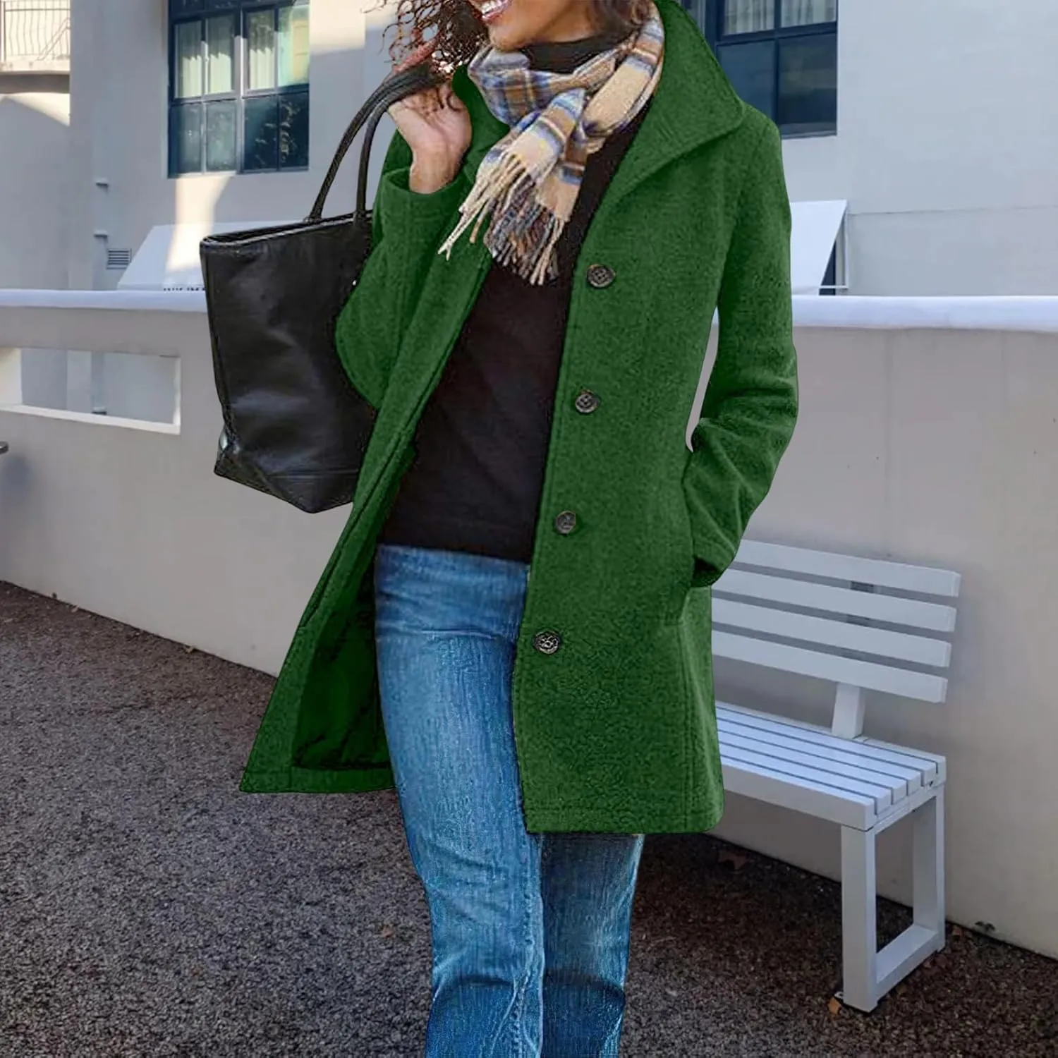 Kubbon Women's Winter Wool Blend Pea Coat Casual Single Breasted Stand Collar Trench Coat Thicken Warm Long Jacket Overcoat