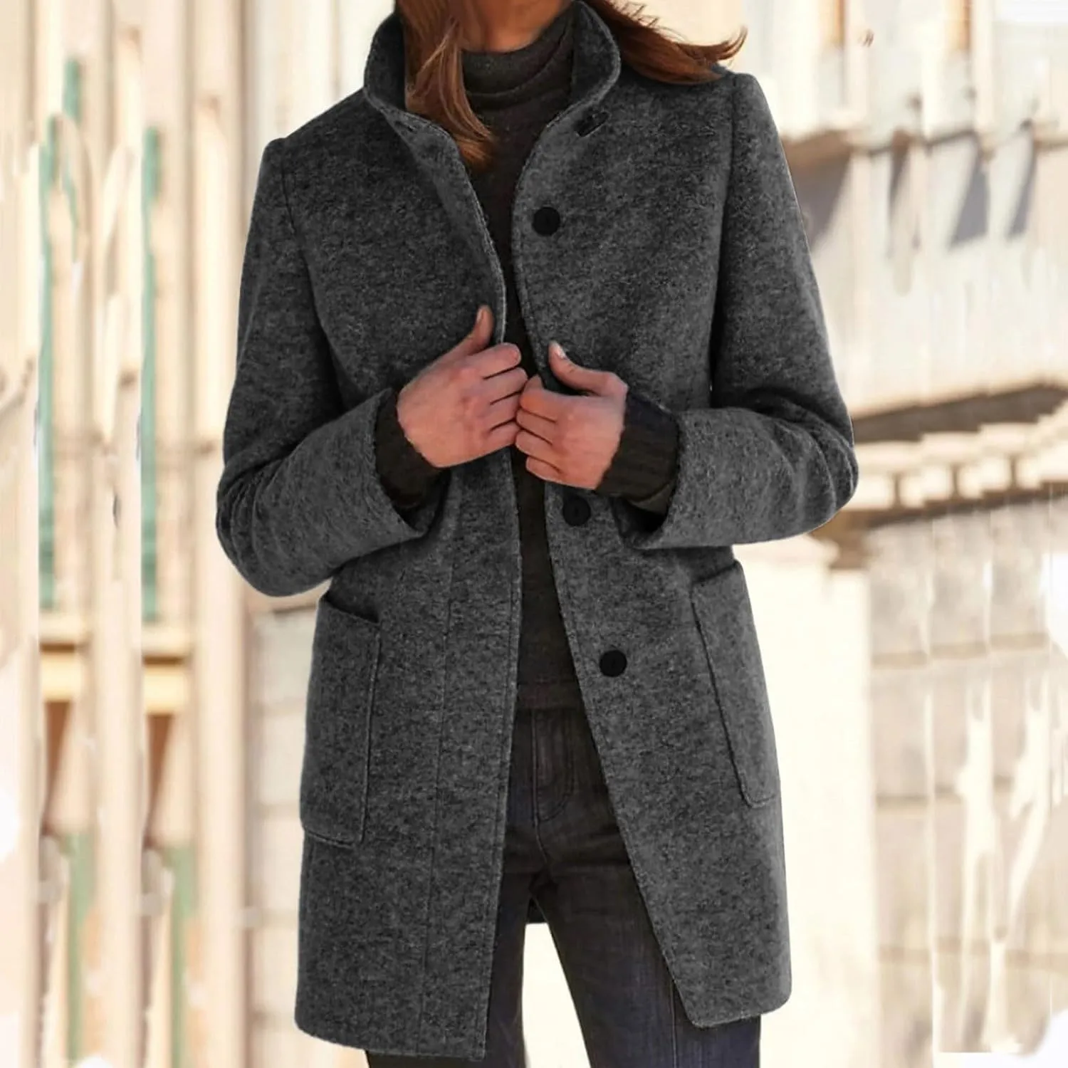 Kubbon Women's Winter Wool Blend Pea Coat Casual Single Breasted Stand Collar Trench Coat Thicken Warm Long Jacket Overcoat