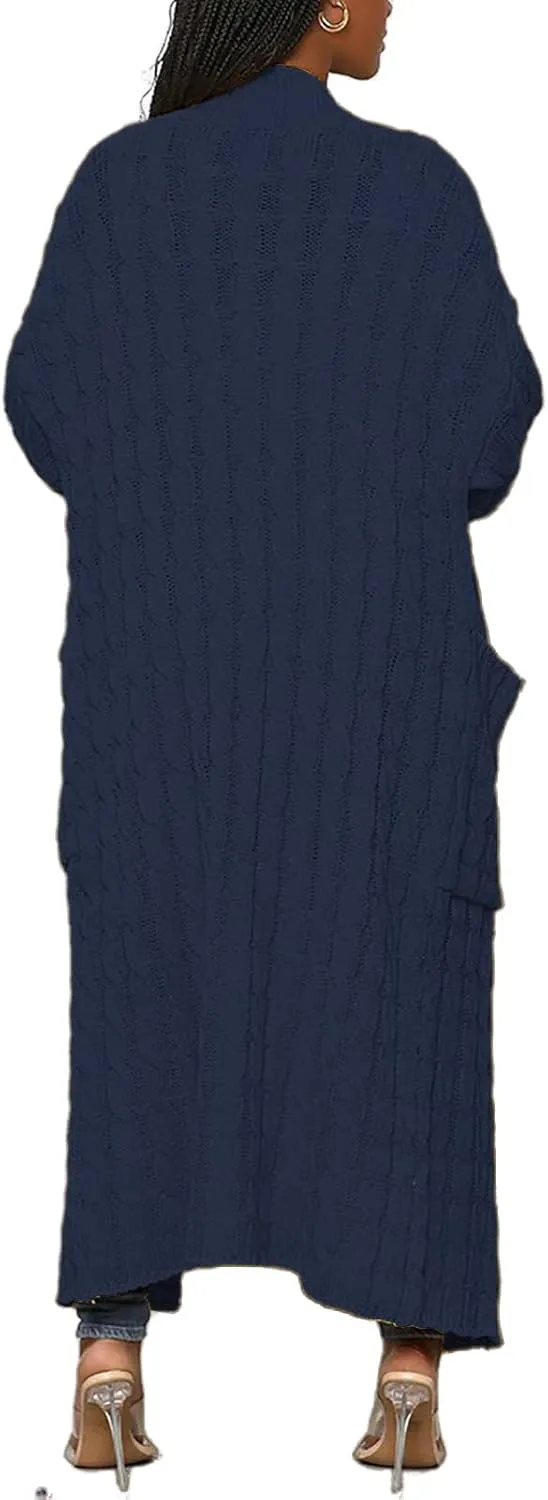 LAJIOJIO Long Cardigan Sweaters for Women Open Front Chunky Waffle Cable Knit Shawl Collar Pockets Knitwear Coat Plus Size