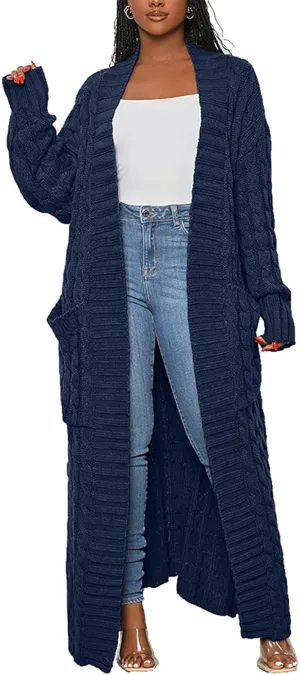 LAJIOJIO Long Cardigan Sweaters for Women Open Front Chunky Waffle Cable Knit Shawl Collar Pockets Knitwear Coat Plus Size