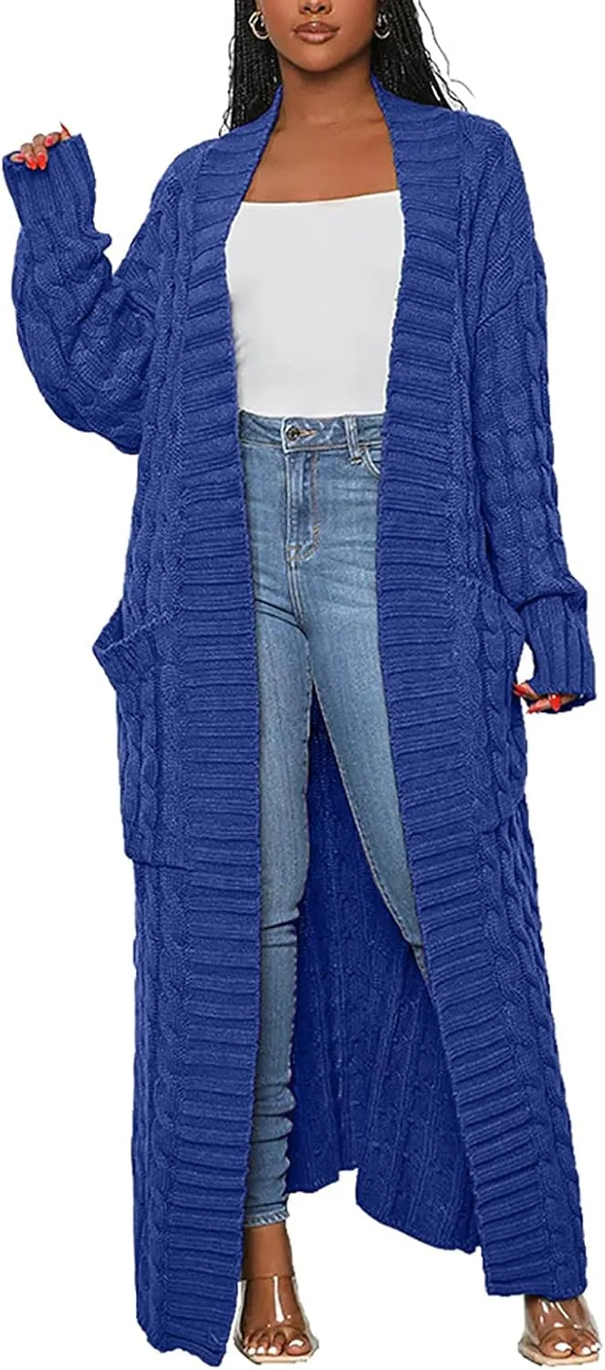 LAJIOJIO Long Cardigan Sweaters for Women Open Front Chunky Waffle Cable Knit Shawl Collar Pockets Knitwear Coat Plus Size
