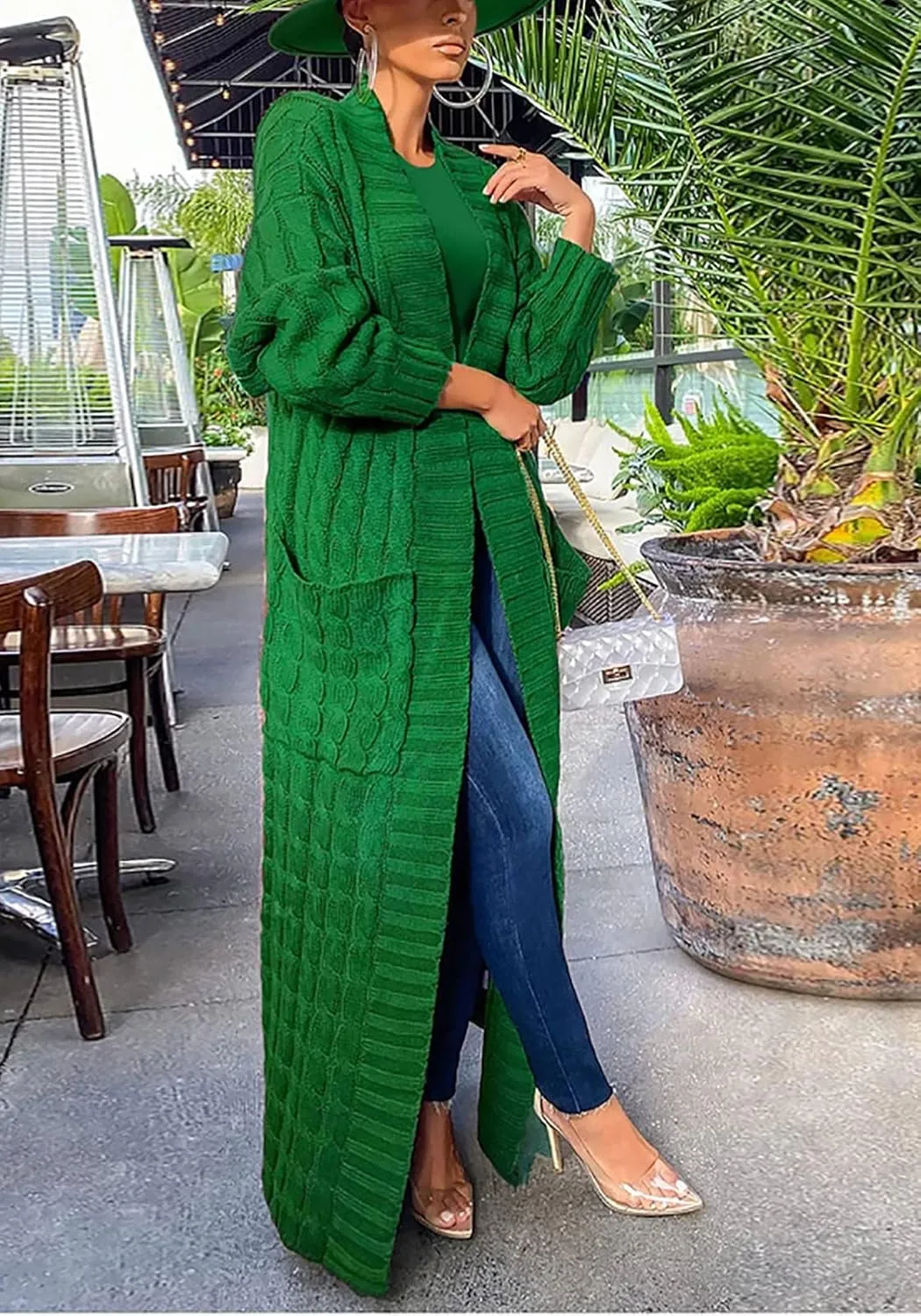 LAJIOJIO Long Cardigan Sweaters for Women Open Front Chunky Waffle Cable Knit Shawl Collar Pockets Knitwear Coat Plus Size