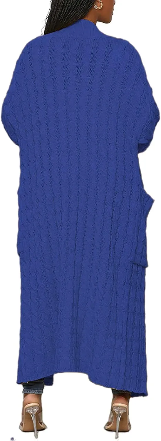 LAJIOJIO Long Cardigan Sweaters for Women Open Front Chunky Waffle Cable Knit Shawl Collar Pockets Knitwear Coat Plus Size
