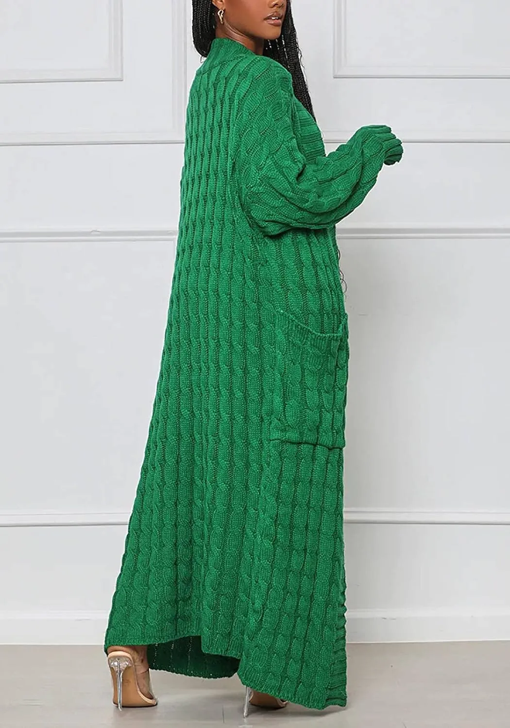 LAJIOJIO Long Cardigan Sweaters for Women Open Front Chunky Waffle Cable Knit Shawl Collar Pockets Knitwear Coat Plus Size