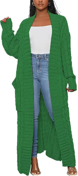 LAJIOJIO Long Cardigan Sweaters for Women Open Front Chunky Waffle Cable Knit Shawl Collar Pockets Knitwear Coat Plus Size