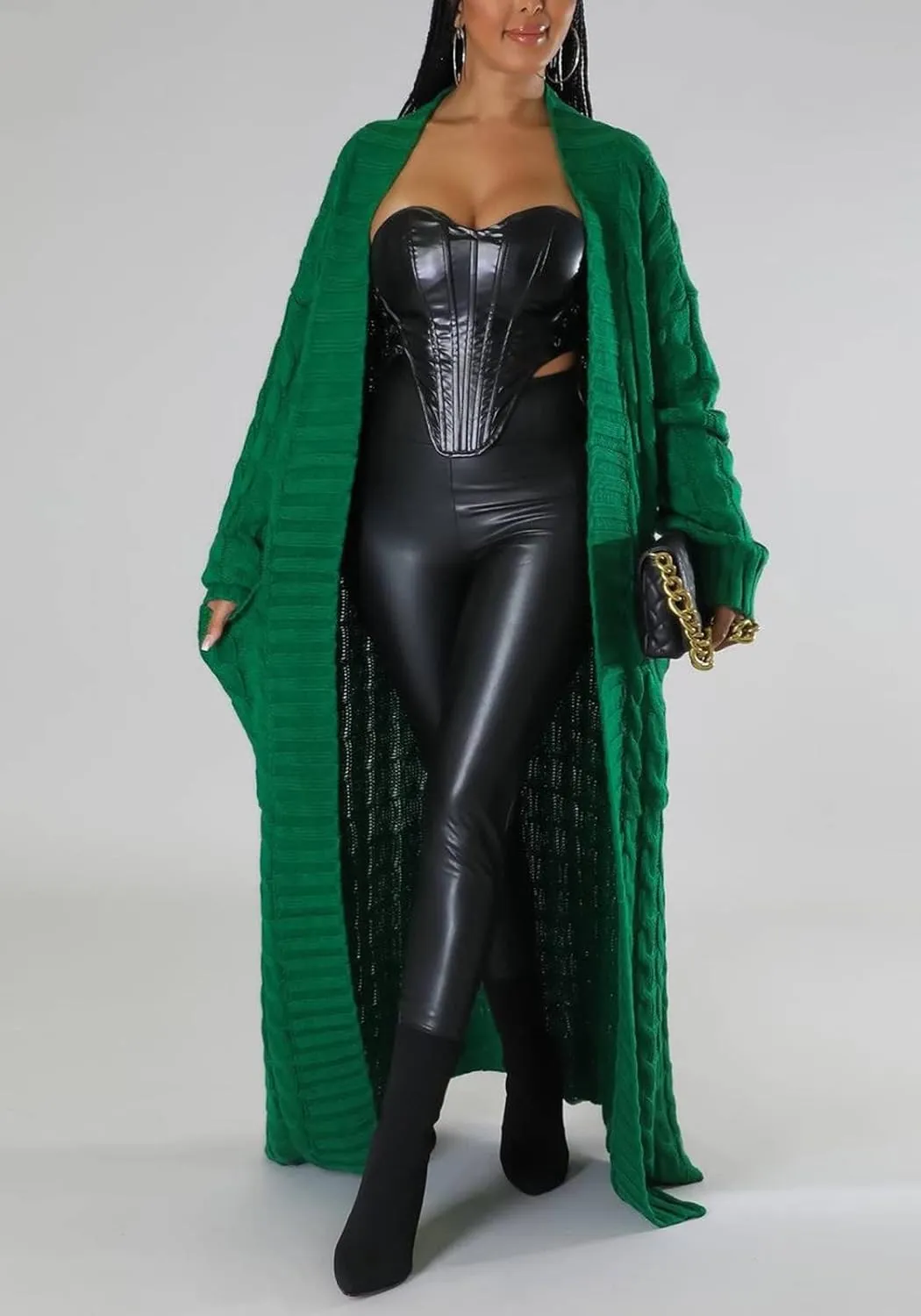 LAJIOJIO Long Cardigan Sweaters for Women Open Front Chunky Waffle Cable Knit Shawl Collar Pockets Knitwear Coat Plus Size