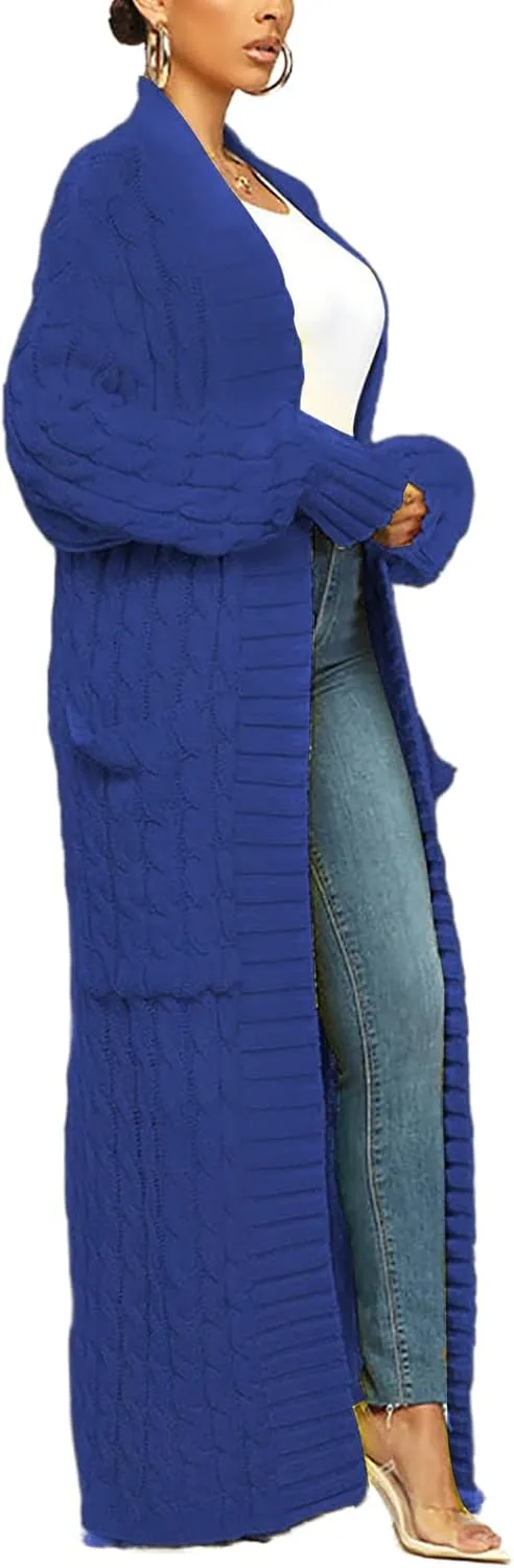 LAJIOJIO Long Cardigan Sweaters for Women Open Front Chunky Waffle Cable Knit Shawl Collar Pockets Knitwear Coat Plus Size