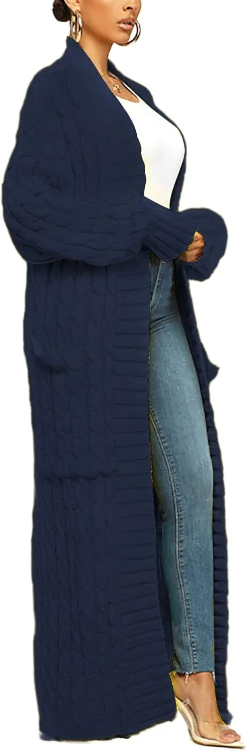 LAJIOJIO Long Cardigan Sweaters for Women Open Front Chunky Waffle Cable Knit Shawl Collar Pockets Knitwear Coat Plus Size
