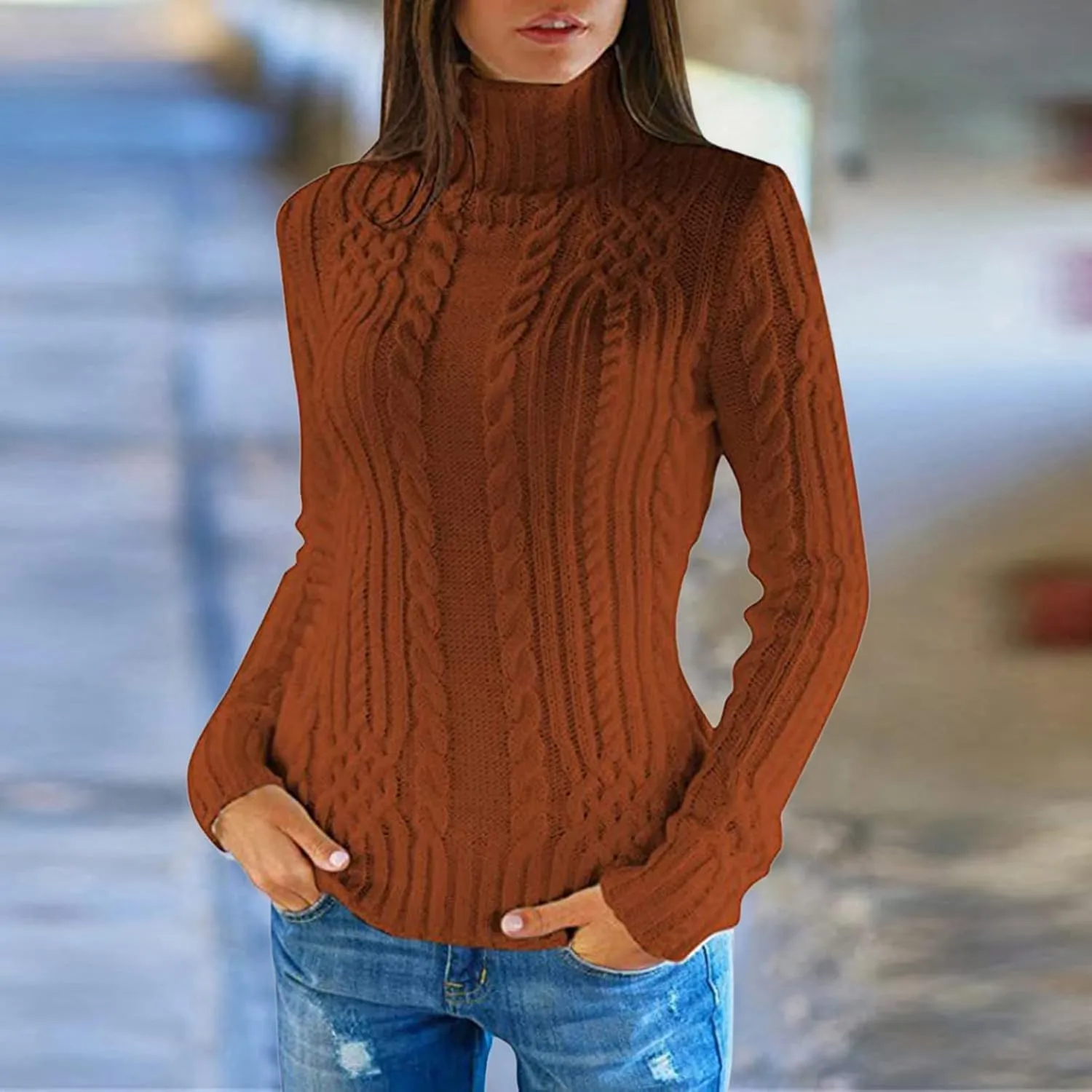 LCMTWX Oversized Sweater for Women Turtleneck Long Sleeved Knitted Sweater Round Neck Striped Women's Oversized Sweaters