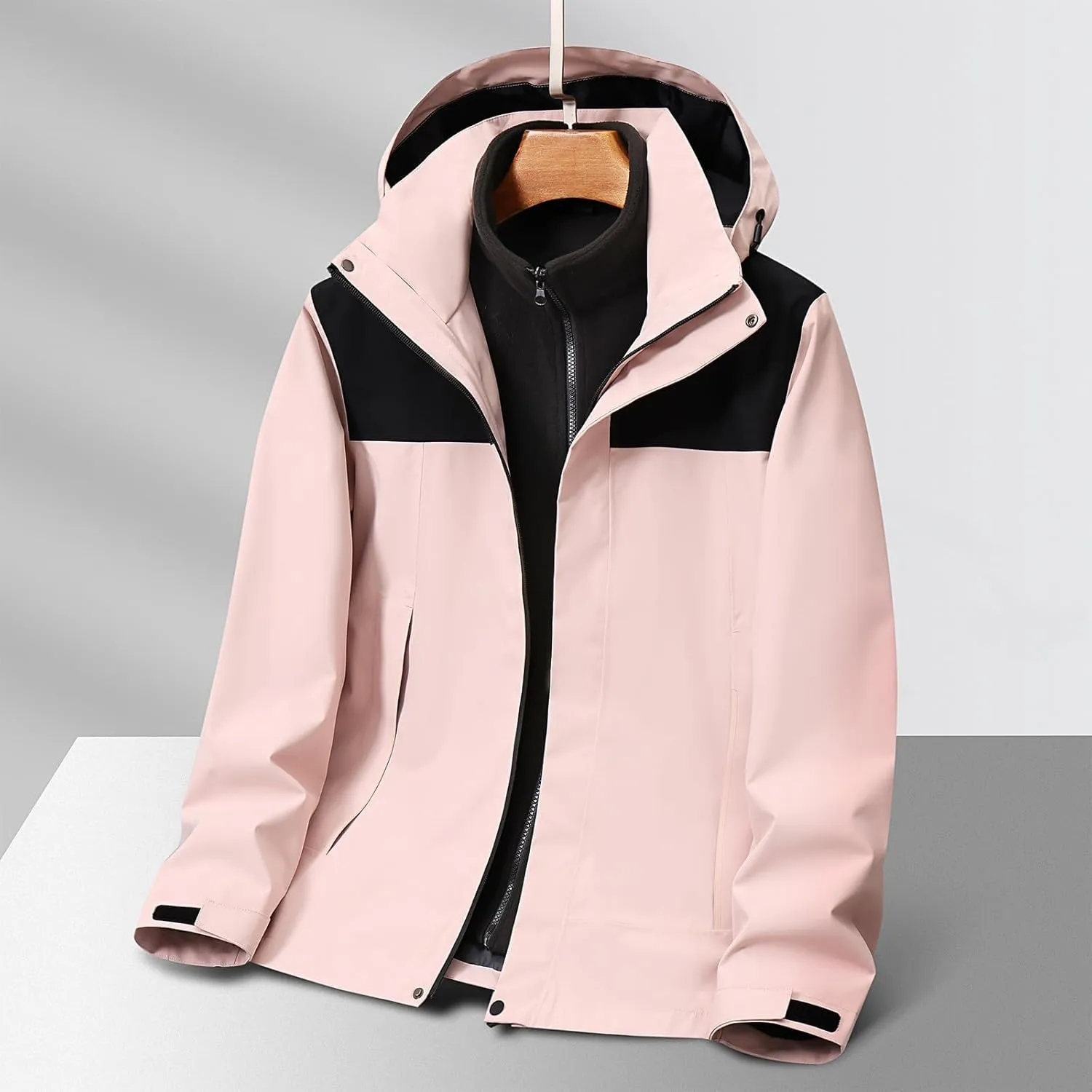 Lightweight Rain Jacket Men Full-Zip Winter Jacket Waterproof Hooded Fleece Athletic Jacket, Outdoor Windproof Jacket