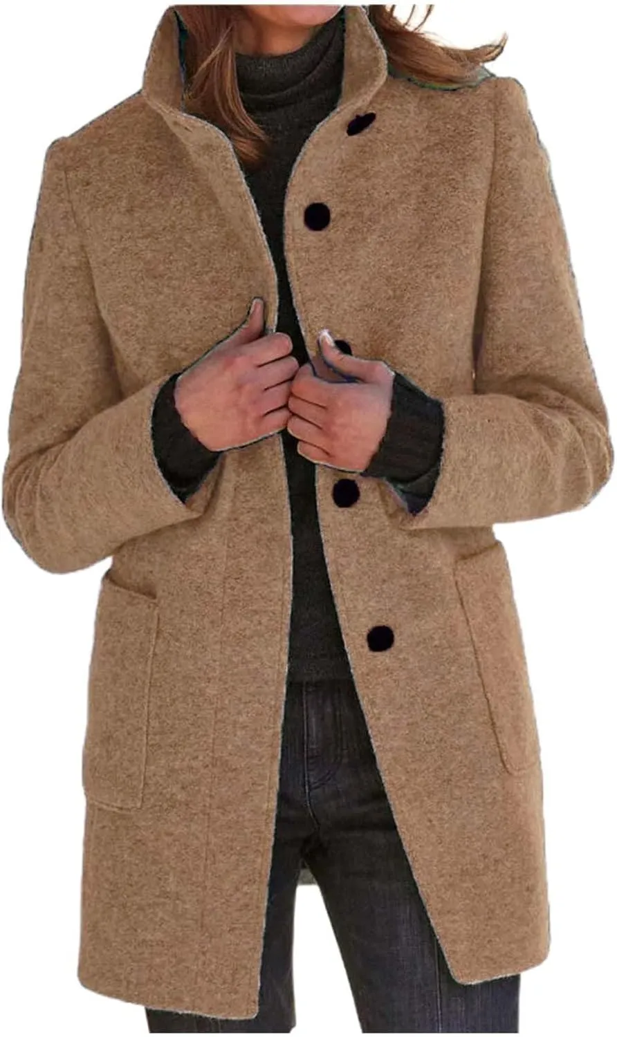 Long Coats for Women Winter Warm Stand Collar Breasted Wool Coats Wool Blend Peacoat Thicken Fashion Casual