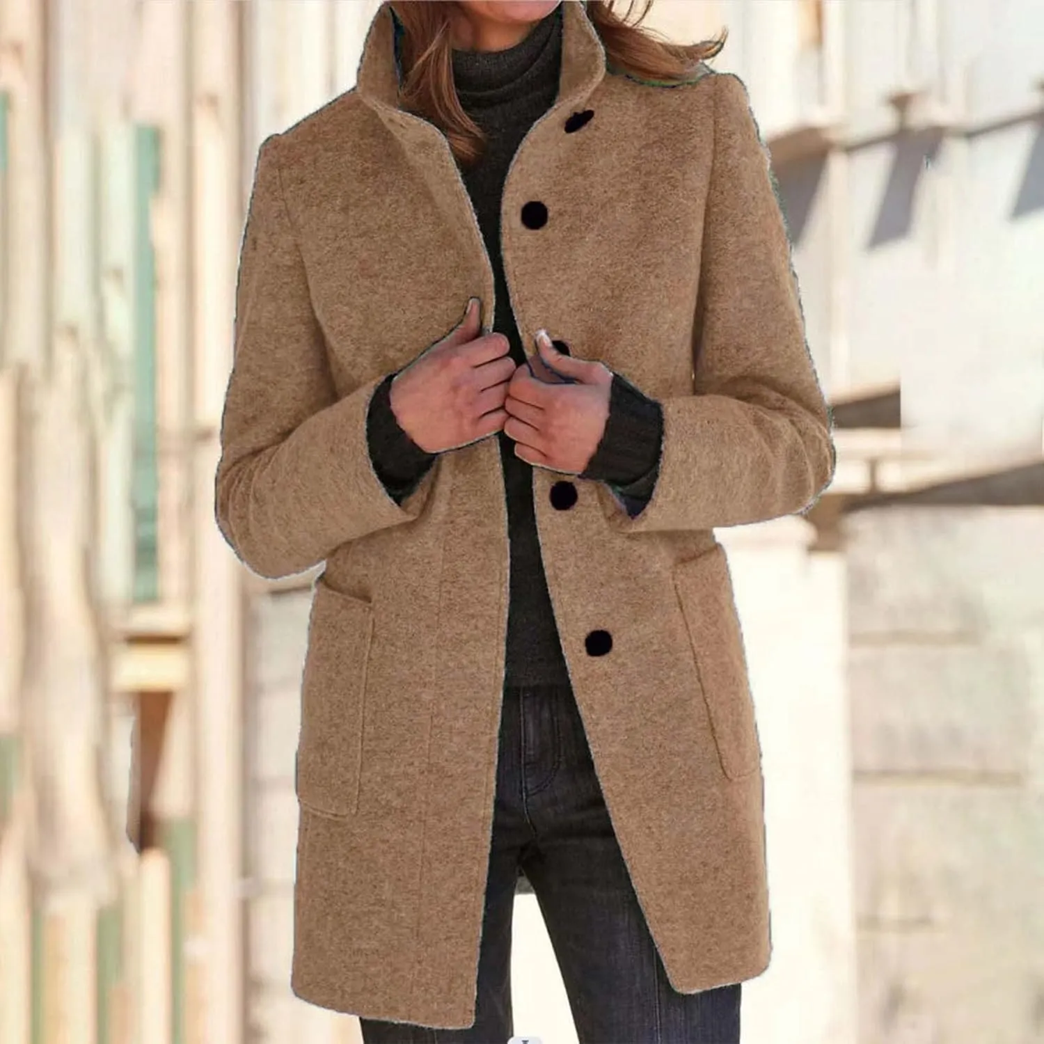 Long Coats for Women Winter Warm Stand Collar Breasted Wool Coats Wool Blend Peacoat Thicken Fashion Casual