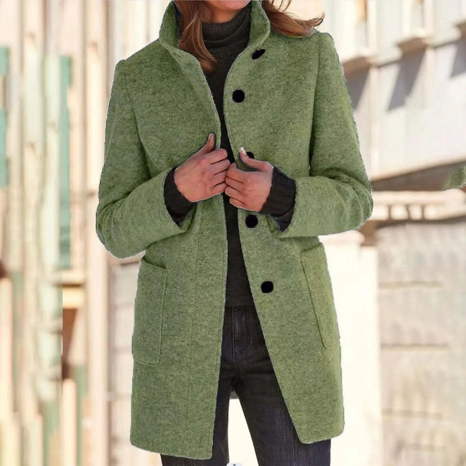 Long Coats for Women Winter Warm Stand Collar Breasted Wool Coats Wool Blend Peacoat Thicken Fashion Casual