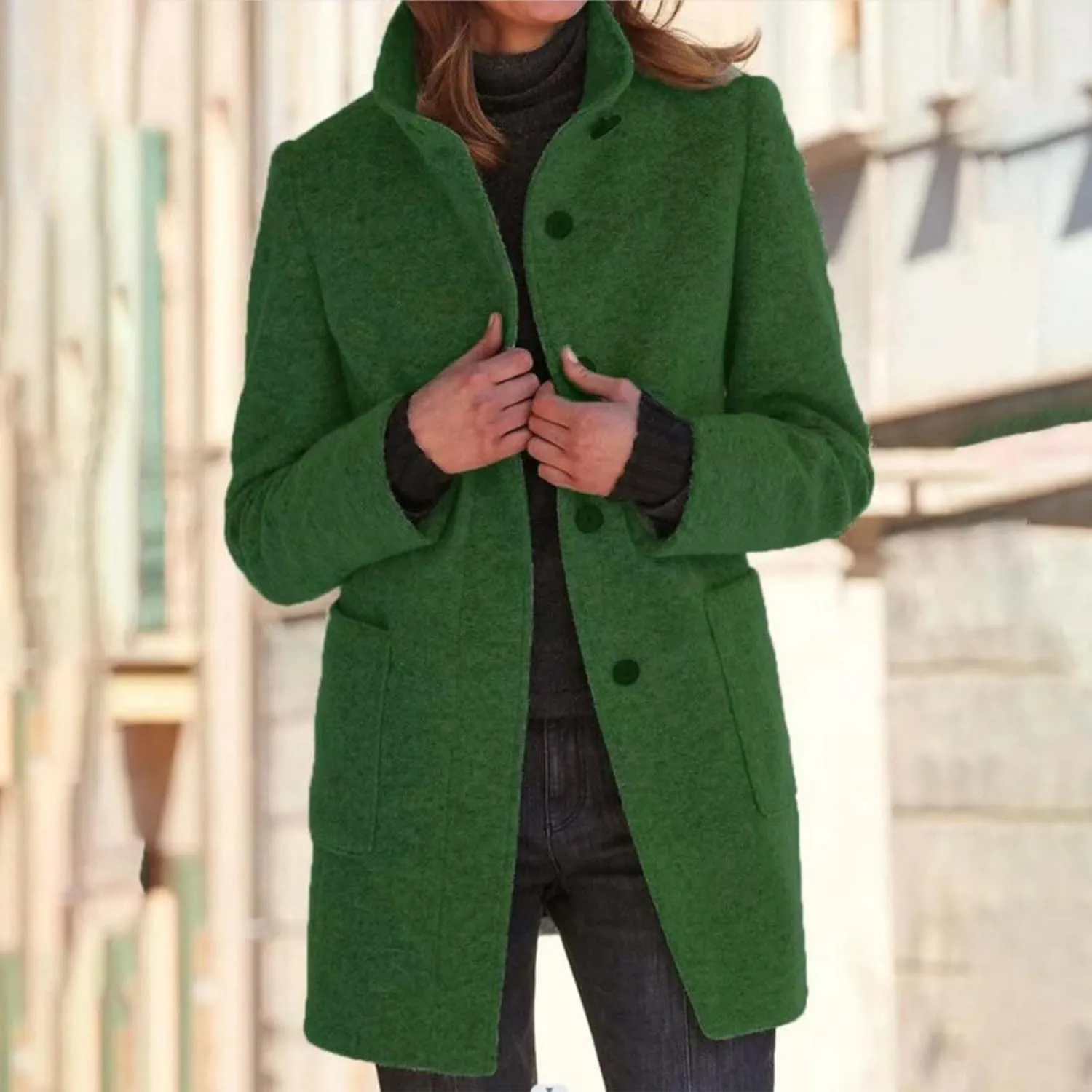 Long Coats for Women Winter Warm Stand Collar Breasted Wool Coats Wool Blend Peacoat Thicken Fashion Casual