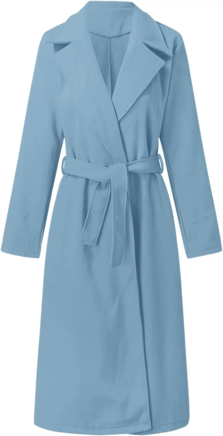 Long Maxi Coats for Women Open Front Wool Blend Long Pea Coats with Belt Ladies Elegant Outdoor Long Line Overcoats