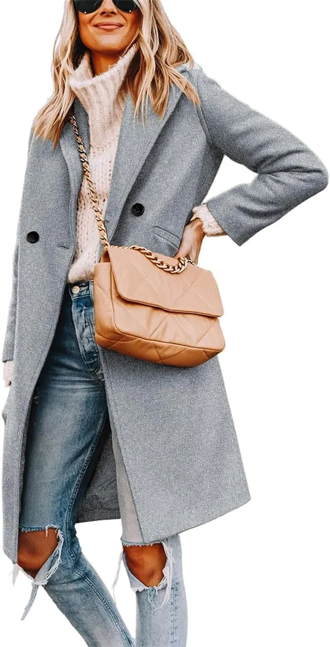 Long Pea Coats For Women Comfy, Women's Notch Lapel Double Breasted Wool Blend Mid Long Coat Jacket Outwear