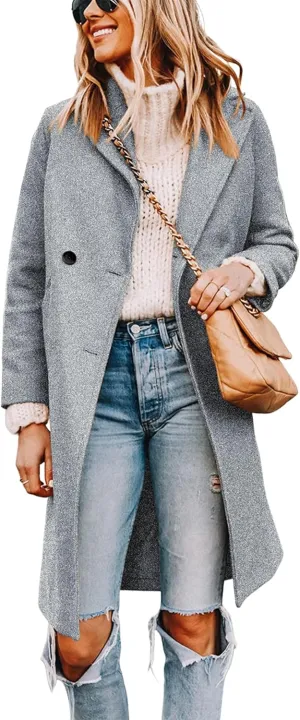 Long Pea Coats For Women Comfy, Women's Notch Lapel Double Breasted Wool Blend Mid Long Coat Jacket Outwear