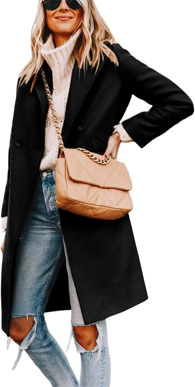 Long Pea Coats For Women Comfy, Women's Notch Lapel Double Breasted Wool Blend Mid Long Coat Jacket Outwear