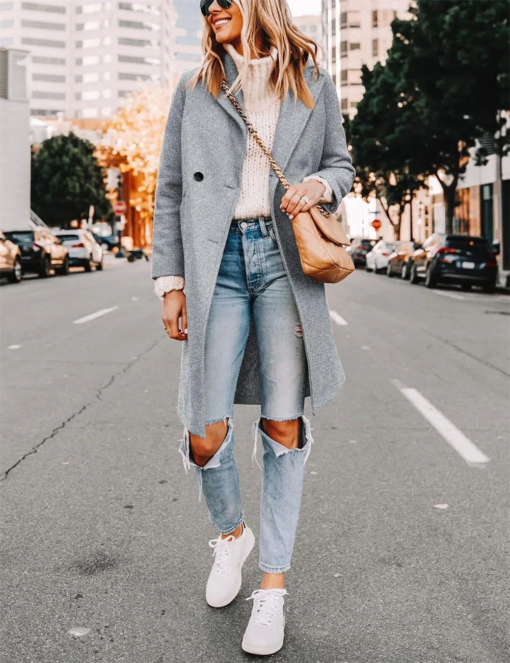 Long Pea Coats For Women Comfy, Women's Notch Lapel Double Breasted Wool Blend Mid Long Coat Jacket Outwear
